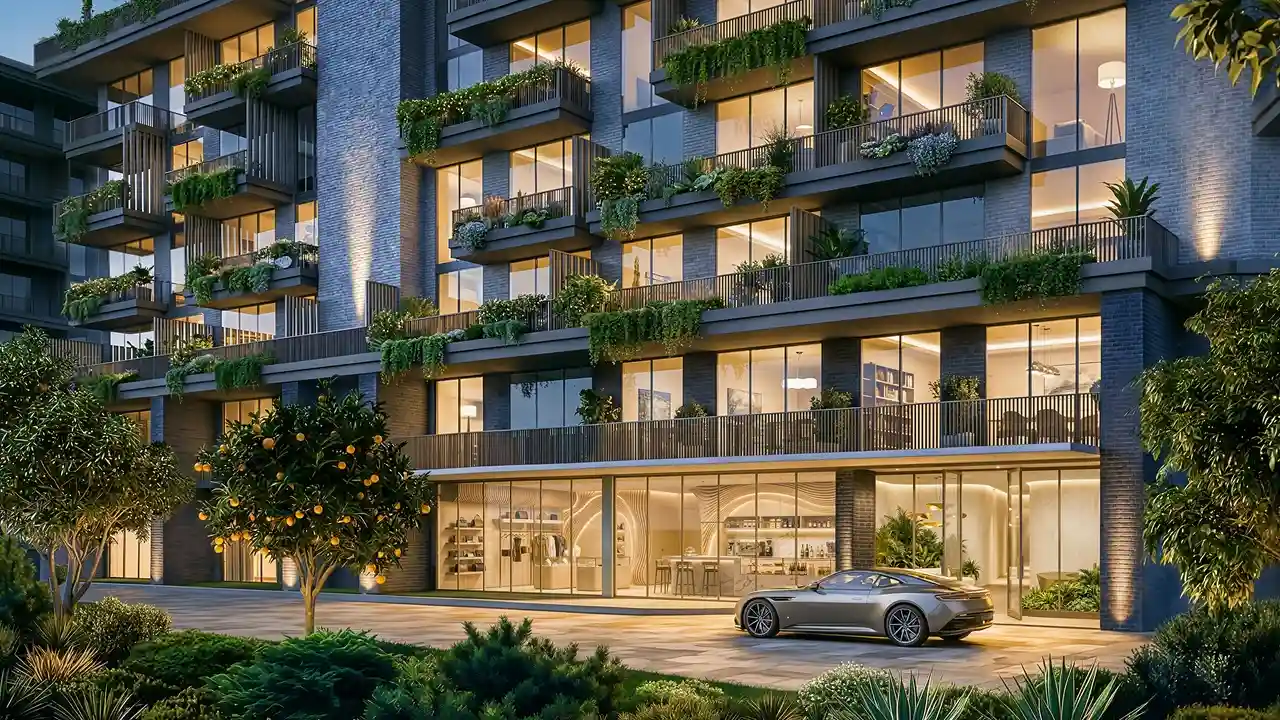 Arancia at The Yards by Beyond Developments apartments with landscaped balconies and illuminated facade in Dubai - Presented by Tohid Fetrat