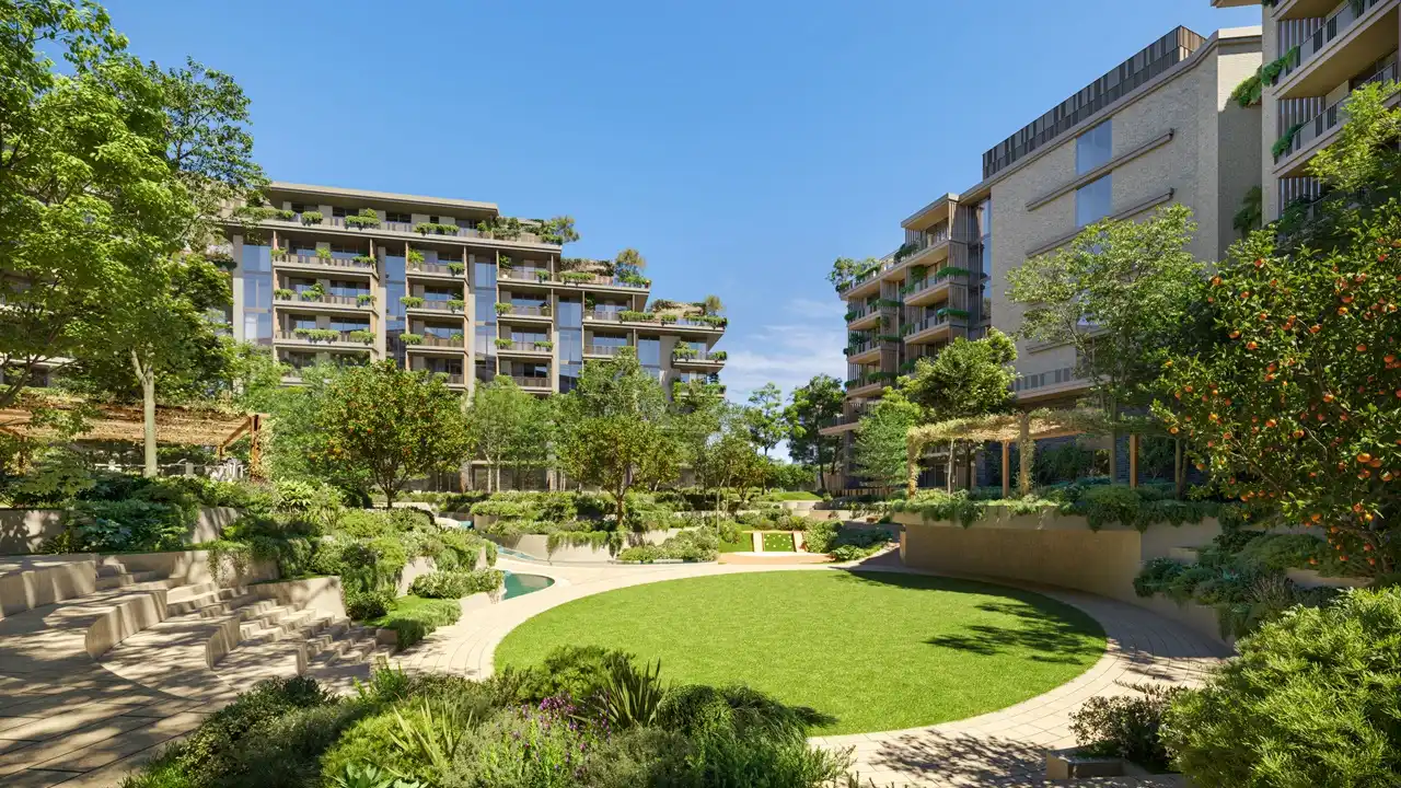 Arancia at The Yards by Beyond Developments landscaped courtyard surrounded by residential buildings and gardens in Dubai - Presented by Tohid Fetrat