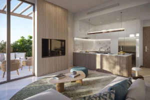 Arancia at The Yards by Beyond Developments open-plan living room and modern kitchen with terrace views in Dubai - Presented by Tohid Fetrat