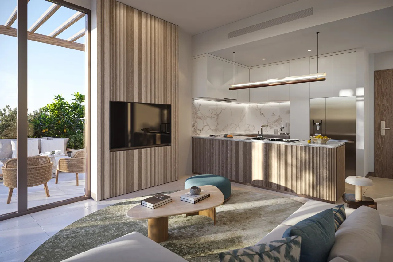 Arancia at The Yards by Beyond Developments open-plan living room and modern kitchen with terrace views in Dubai - Presented by Tohid Fetrat