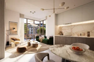 Arancia at The Yards by Beyond Developments open plan living and dining area with contemporary kitchen and balcony access in Dubai - Presented by Tohid Fetrat