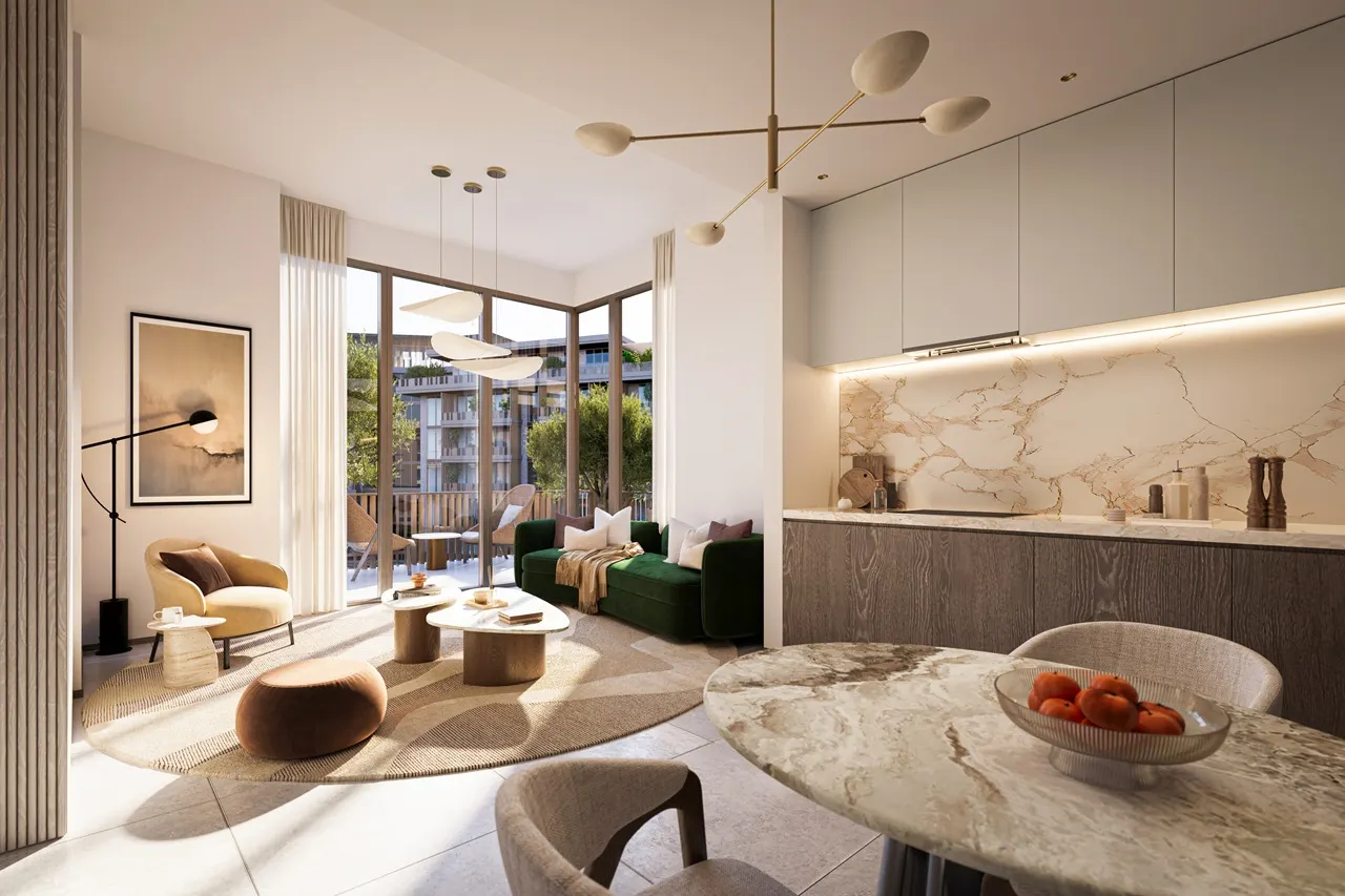 Arancia at The Yards by Beyond Developments open plan living and dining area with contemporary kitchen and balcony access in Dubai - Presented by Tohid Fetrat