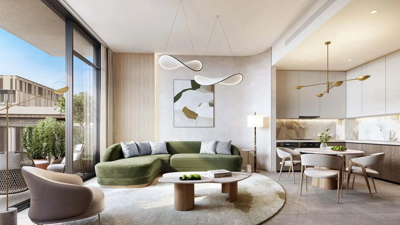 Arancia at The Yards by Beyond Developments open plan living and dining area with private terrace access in Dubai Presented by Tohid Fetrat