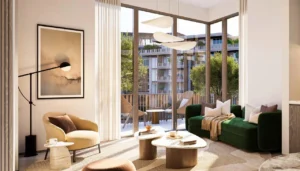 Arancia at The Yards by Beyond Developments contemporary living room interior with floor to ceiling windows and terrace view in Dubai Presented by Tohid Fetrat