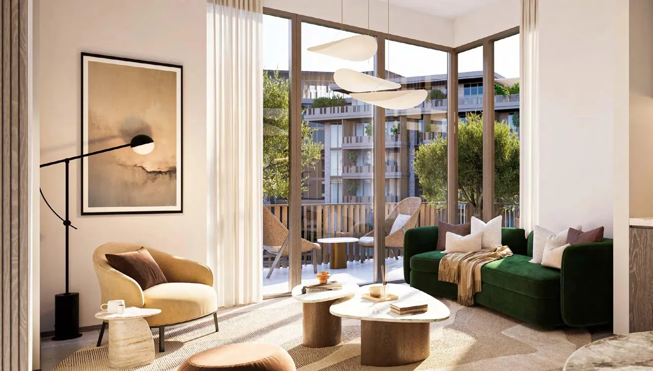 Arancia at The Yards by Beyond Developments contemporary living room interior with floor to ceiling windows and terrace view in Dubai Presented by Tohid Fetrat