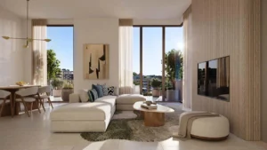 Arancia at The Yards by Beyond Developments living room interior with double height windows and private terrace view in Dubai Presented by Tohid Fetrat