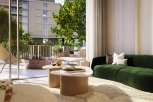 Arancia at The Yards by Beyond Developments living room with terrace access and landscaped courtyard views in Dubai - Presented by Tohid Fetrat