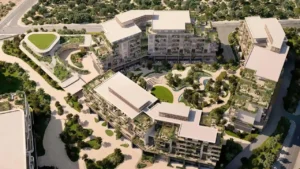 Arancia at The Yards by Beyond Developments masterplan aerial view featuring landscaped courtyards green terraces and residential buildings in Dubai Presented by Tohid Fetrat