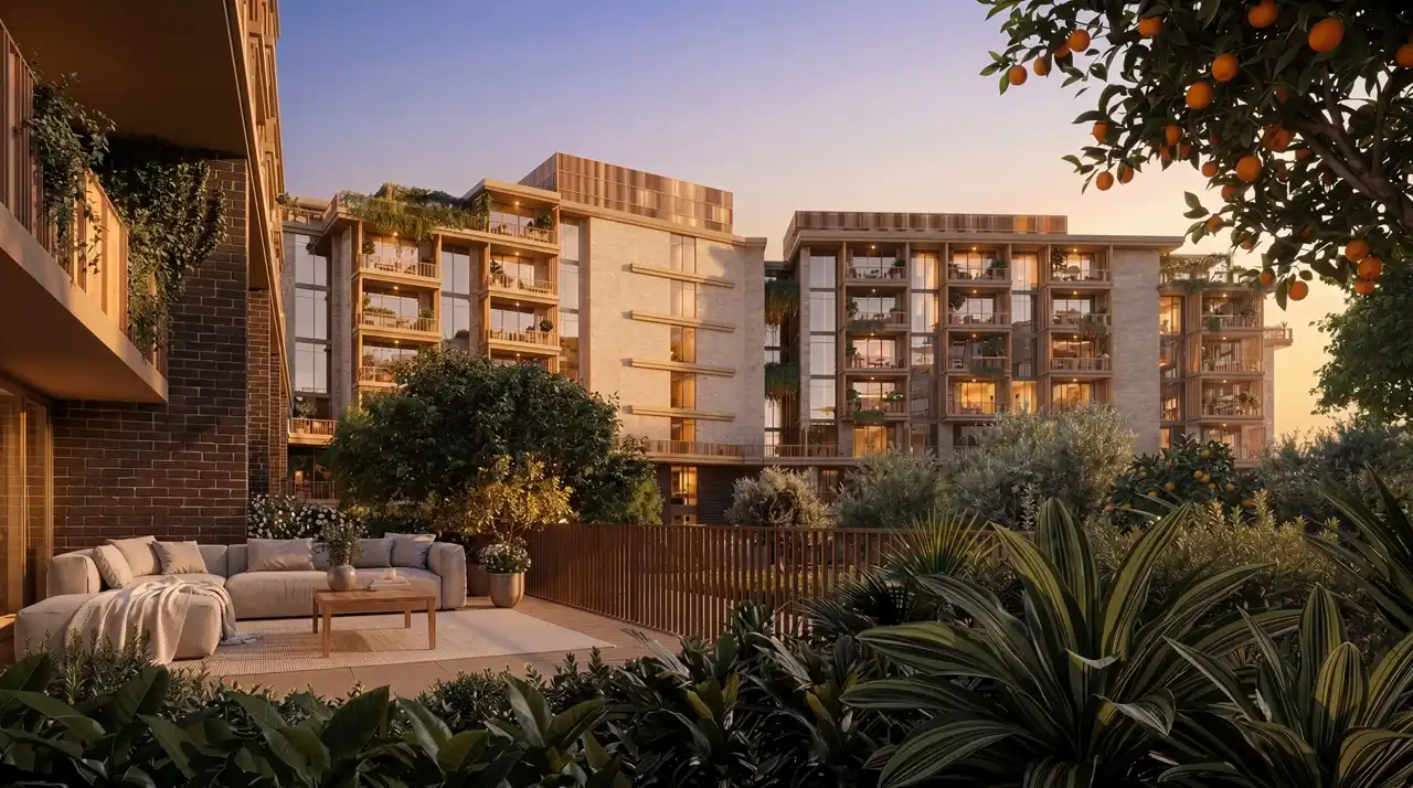 Arancia at The Yards by Beyond Developments outdoor terrace overlooking landscaped gardens and residential buildings at sunset in Dubai - Presented by Tohid Fetrat