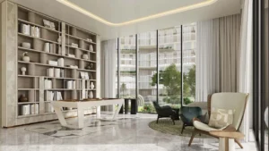 Arancia at The Yards by Beyond Developments residents lounge with library shelving seating areas and garden views in Dubai Presented by Tohid Fetrat