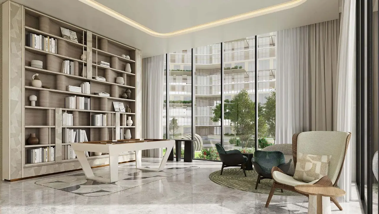 Arancia at The Yards by Beyond Developments residents lounge with library shelving seating areas and garden views in Dubai Presented by Tohid Fetrat