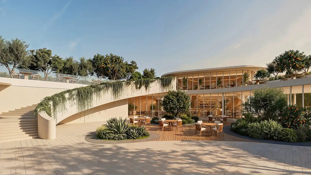 Arancia at The Yards by Beyond Developments retail cafe surrounded by landscaped terraces and outdoor seating in Dubai - Presented by Tohid Fetrat