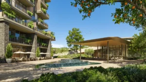 Arancia at The Yards by Beyond Developments retail pavilion with water feature and landscaped plaza in Dubai - Presented by Tohid Fetrat