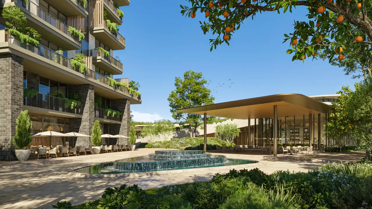 Arancia at The Yards by Beyond Developments retail pavilion with water feature and landscaped plaza in Dubai - Presented by Tohid Fetrat