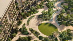 Arancia at The Yards by Beyond Developments aerial view of the sunken courtyard with landscaped gardens and water features in Dubai - Presented by Tohid Fetrat