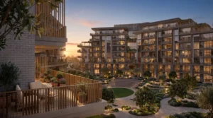 Arancia at The Yards by Beyond Developments sunset view overlooking landscaped courtyard residences in Dubai - Presented by Tohid Fetrat