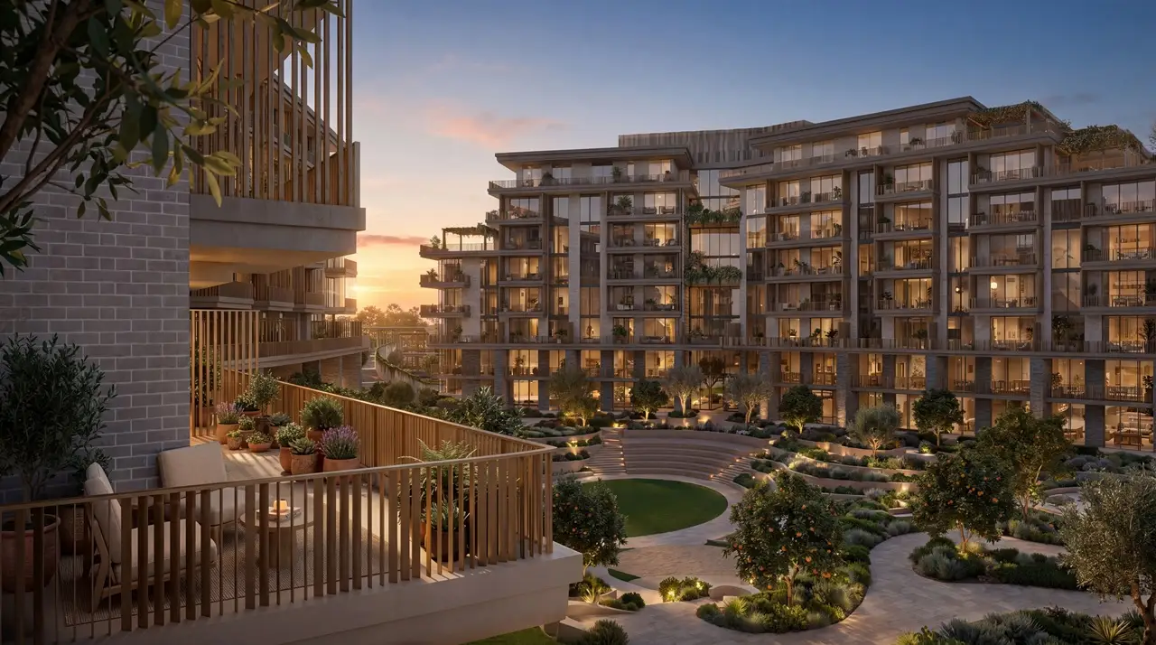 Arancia at The Yards by Beyond Developments sunset view overlooking landscaped courtyard residences in Dubai - Presented by Tohid Fetrat
