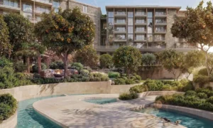 Arancia at The Yards by Beyond Developments landscaped water feature surrounded by gardens and residential buildings in Dubai Presented by Tohid Fetrat
