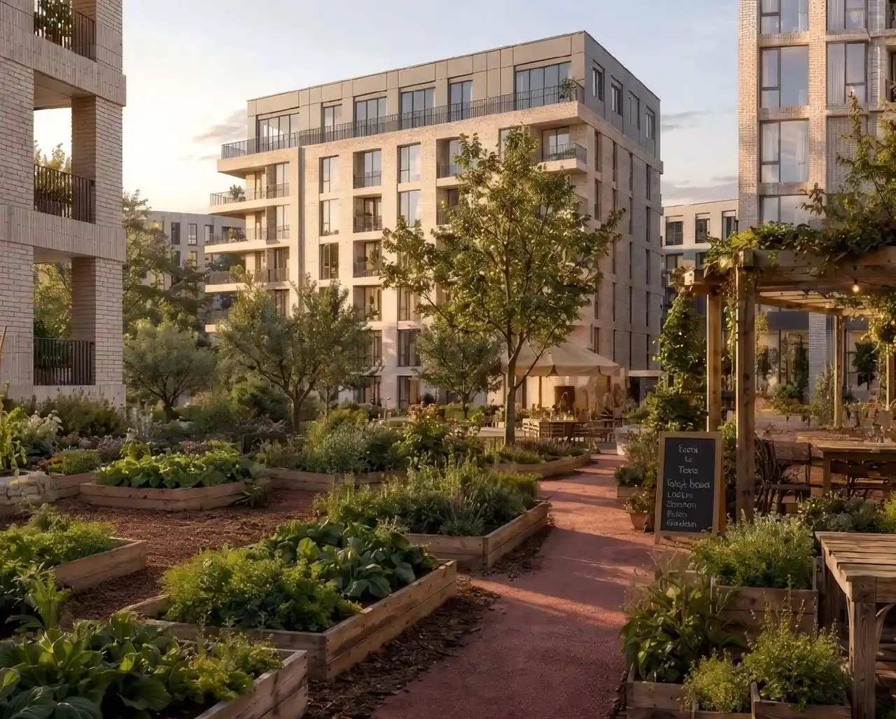 Arancia at The Yards by Beyond Developments community urban farm garden and landscaped residential courtyard in Dubai Presented by Tohid Fetrat