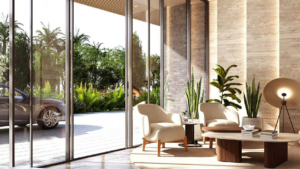 Arancia at The Yards by Beyond Developments luxury lobby lounge interior with floor to ceiling windows in Dubai Presented by Tohid Fetrat