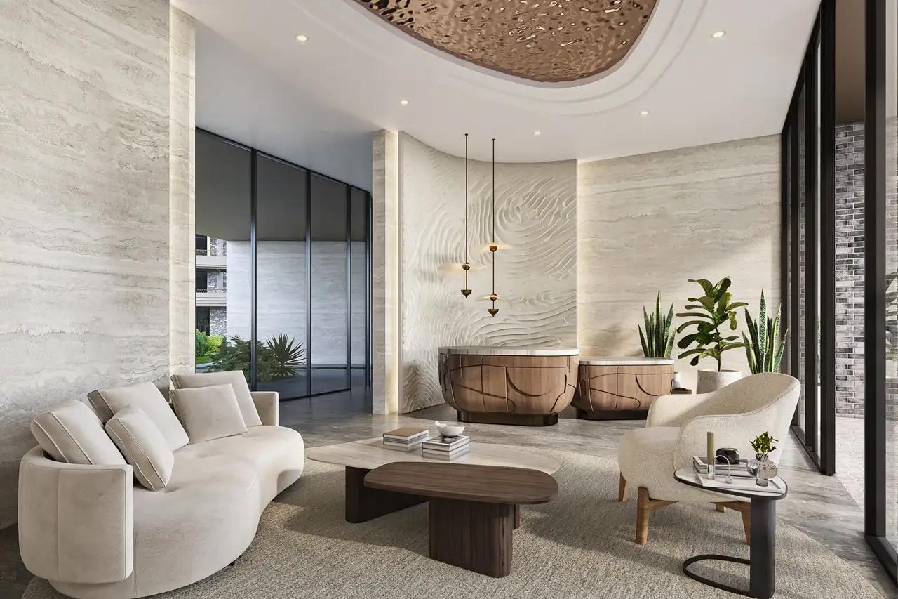 Arancia at The Yards by Beyond Developments lobby lounge with premium seating, sculptural interiors, and elegant reception area in Dubai - Presented by Tohid Fetrat