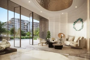 Luxury lobby at Arancia at The Yards by Beyond Developments featuring elegant seating areas and landscaped courtyard views in Dubai - Presented by Tohid Fetrat