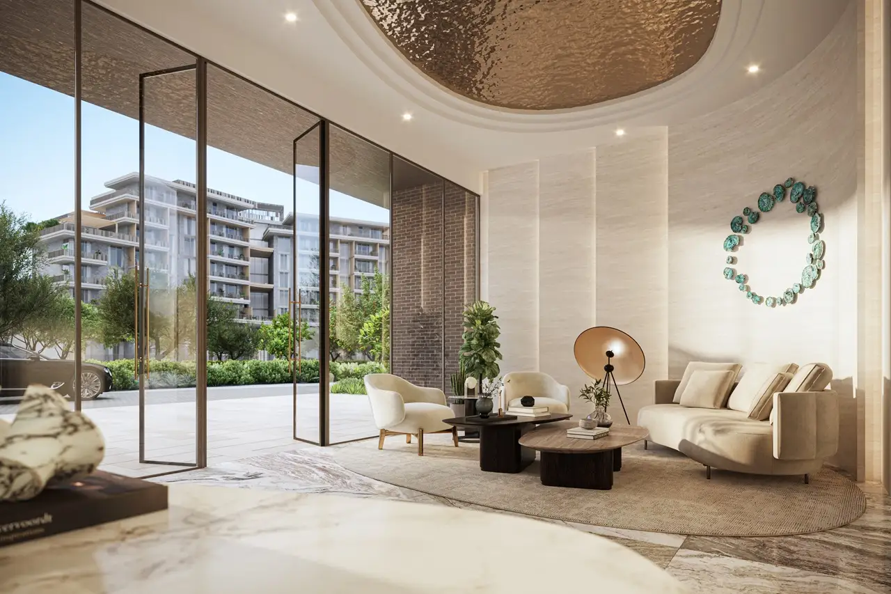 Luxury lobby at Arancia at The Yards by Beyond Developments featuring elegant seating areas and landscaped courtyard views in Dubai - Presented by Tohid Fetrat