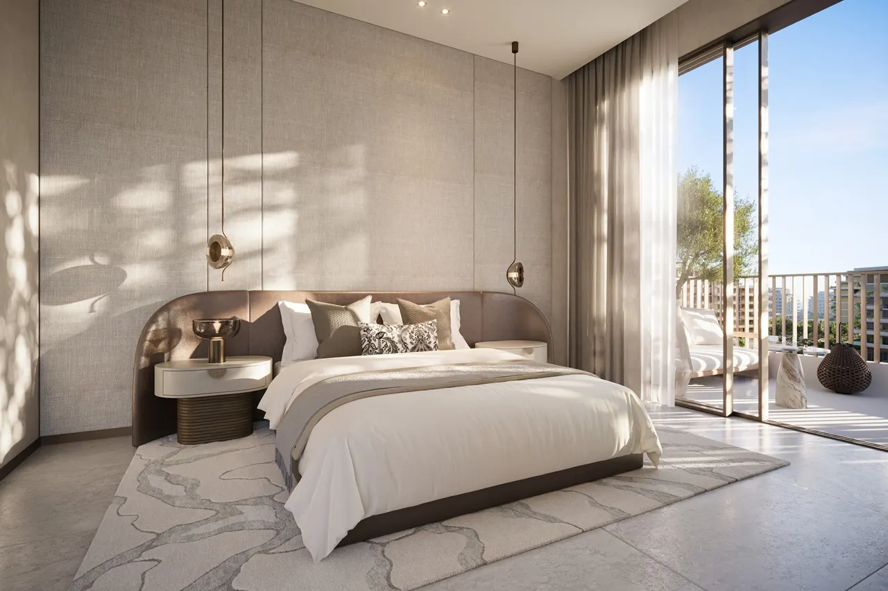 Master bedroom at Arancia at The Yards by Beyond Developments featuring floor-to-ceiling windows and private terrace access in Dubai - Presented by Tohid Fetrat