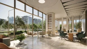 Arancia at The Yards by Beyond Developments residents lounge and business center overlooking landscaped gardens in Dubai Presented by Tohid Fetrat