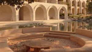 Arancia at The Yards by Beyond Developments water garden courtyard with lounge seating and architectural arches in Dubai Presented by Tohid Fetrat