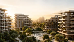 Arancia at The Yards by Beyond Developments landscaped central courtyard with water features, contemporary residential buildings, and garden spaces in Dubai - Presented by Tohid Fetrat