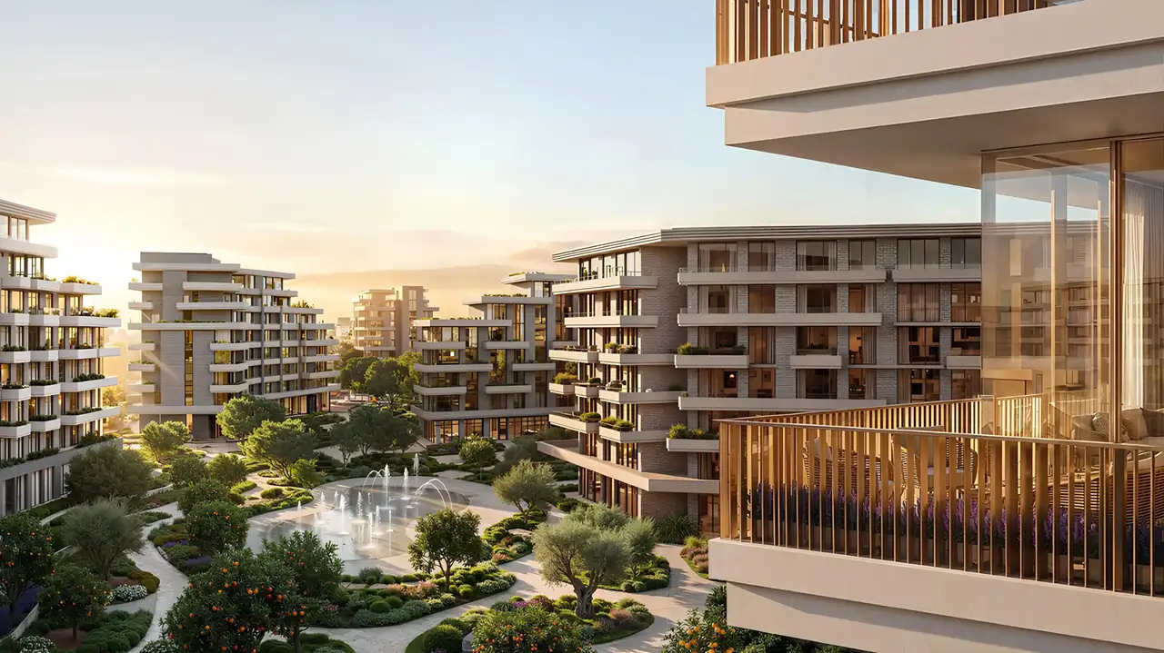 Arancia at The Yards by Beyond Developments landscaped central courtyard surrounded by contemporary residential buildings and private balconies in Dubai - Presented by Tohid Fetrat