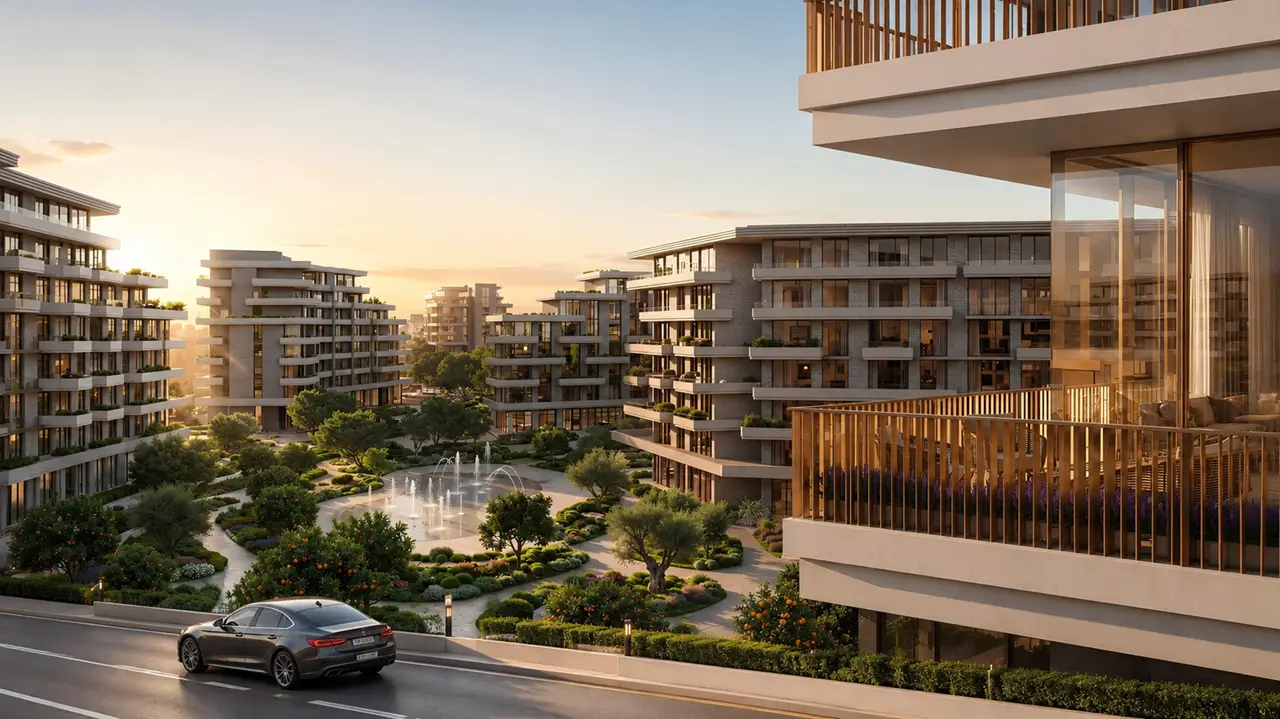 Arancia at The Yards by Beyond Developments contemporary residential buildings overlooking landscaped gardens, water features, and community spaces in Dubai - Presented by Tohid Fetrat