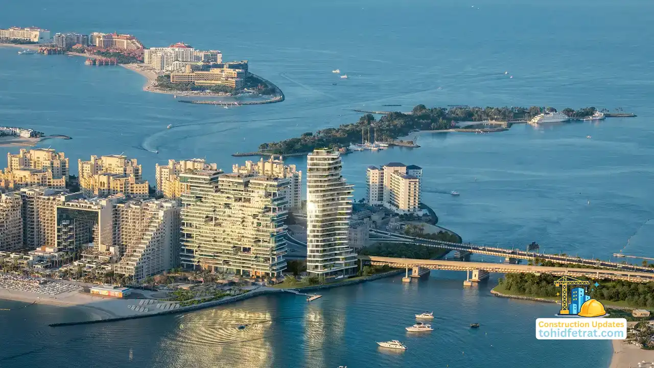 AVA at Palm Jumeirah Construction Updates showing an aerial view of the completed waterfront tower, surrounding residences, beaches, and Gulf coastline Presented by Tohid Fetrat