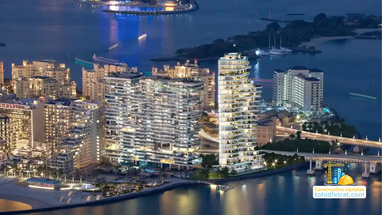 AVA at Palm Jumeirah Construction Update February 2026 showing a nighttime aerial view of the completed waterfront tower and surrounding coastal residences Presented by Tohid Fetrat