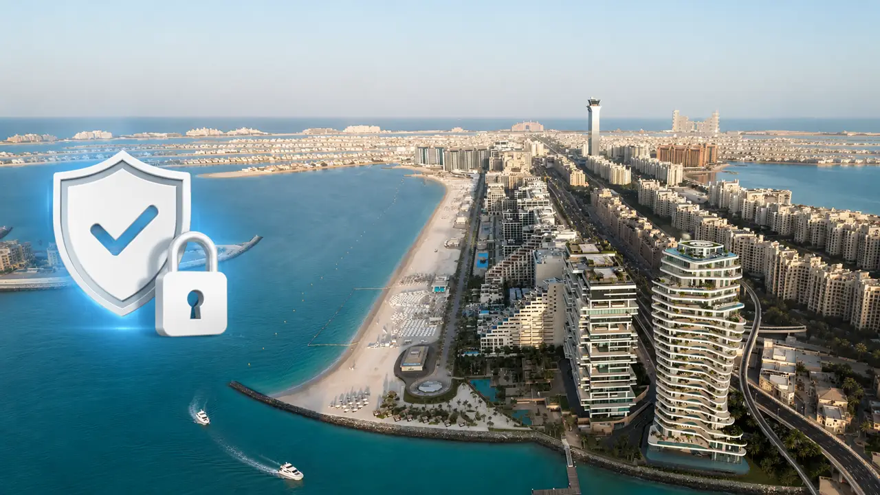 AVA at Palm Jumeirah escrow account image featuring Palm Jumeirah waterfront views with security shield and lock protection symbols Presented by Tohid Fetrat