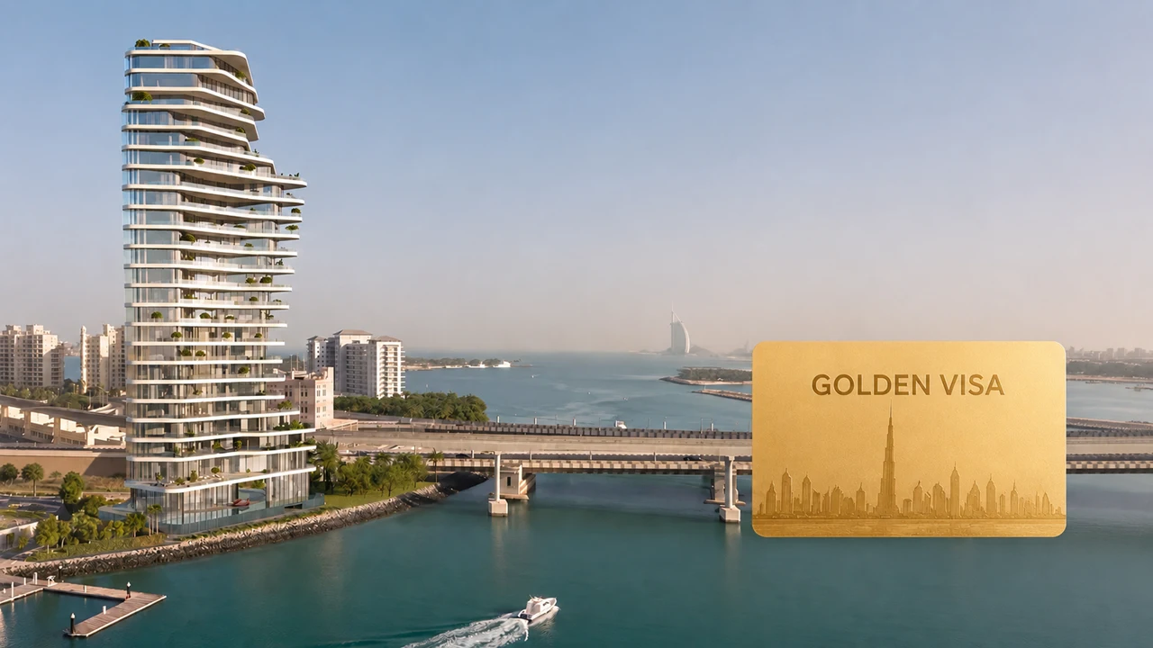 AVA at Palm Jumeirah Golden Visa image featuring a waterfront residential tower, Gulf views, and a UAE Golden Visa card Presented by Tohid Fetrat