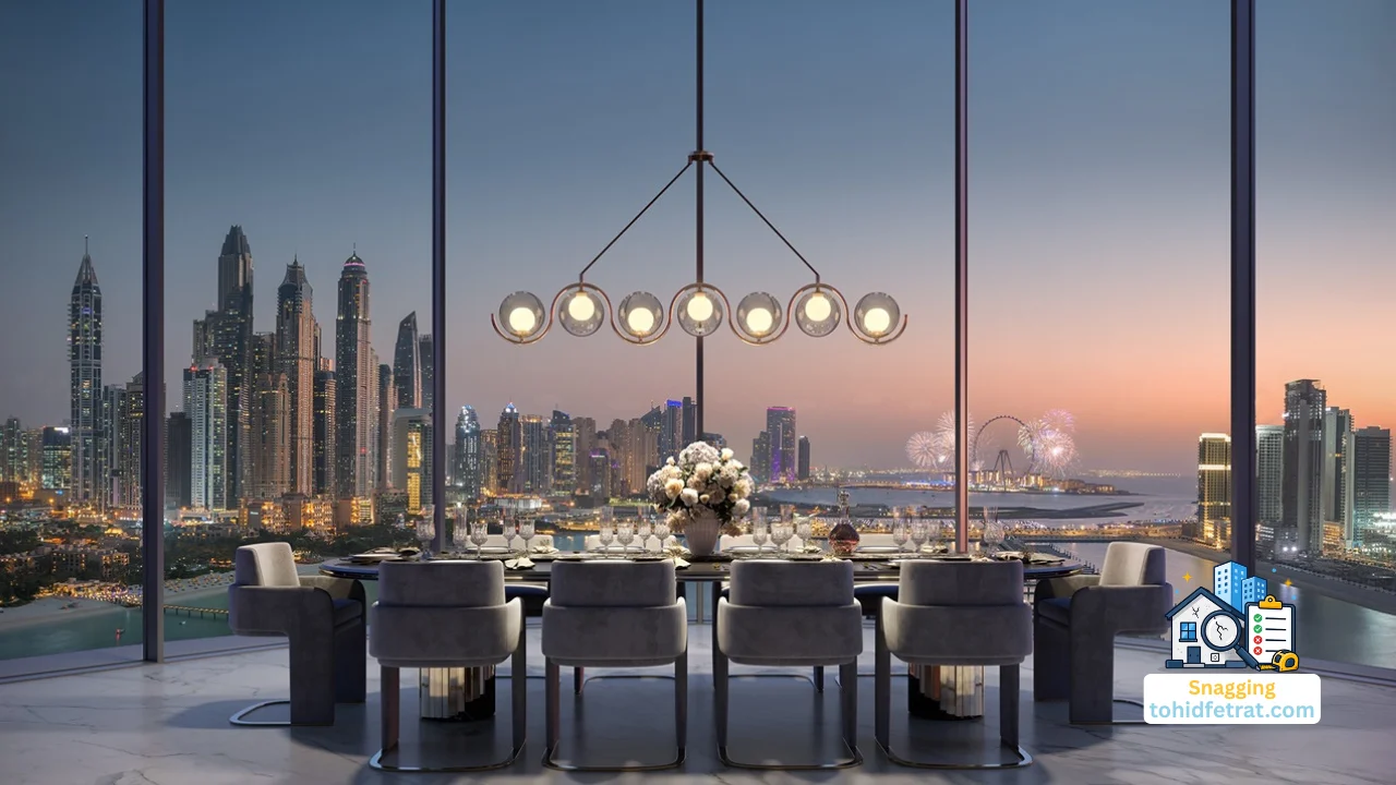 Why an Independent Inspection Protects AVA at Palm Jumeirah Buyers featuring a luxury dining area with panoramic Palm Jumeirah skyline views. Presented by Tohid Fetrat