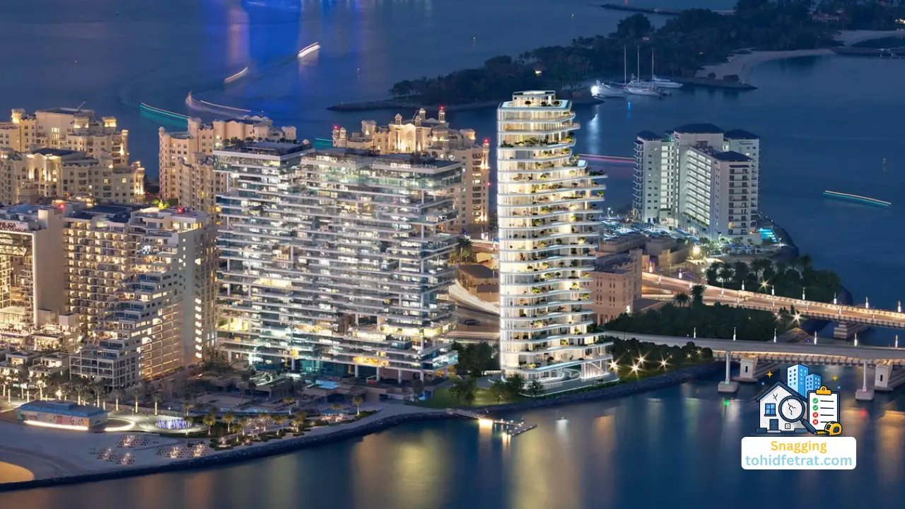 AVA at Palm Jumeirah Snagging Inspection featuring the luxury waterfront residence illuminated at night on Palm Jumeirah. Presented by Tohid Fetrat