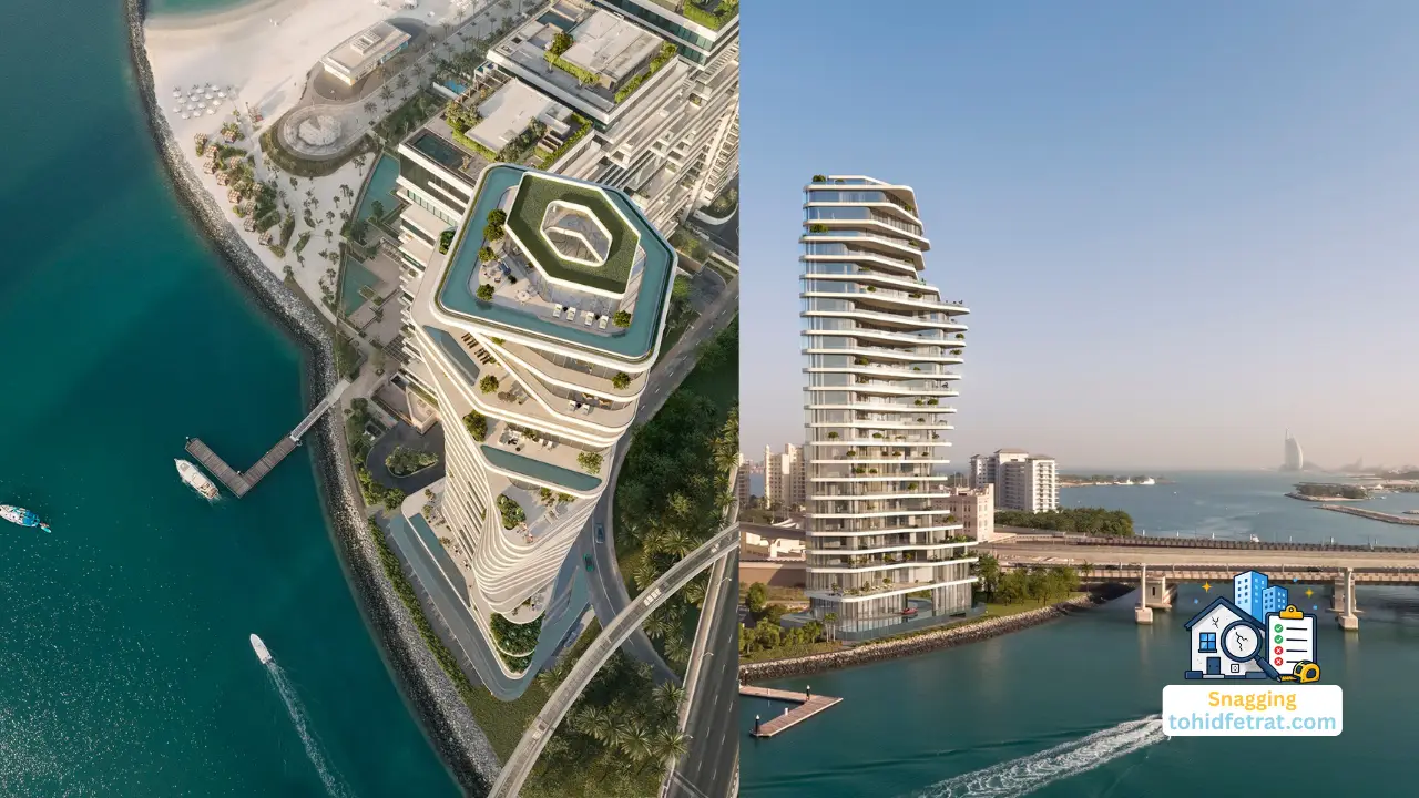 Why Snagging Matters at This Stage of AVA at Palm Jumeirah showing the luxury waterfront tower from aerial and exterior perspectives. Presented by Tohid Fetrat
