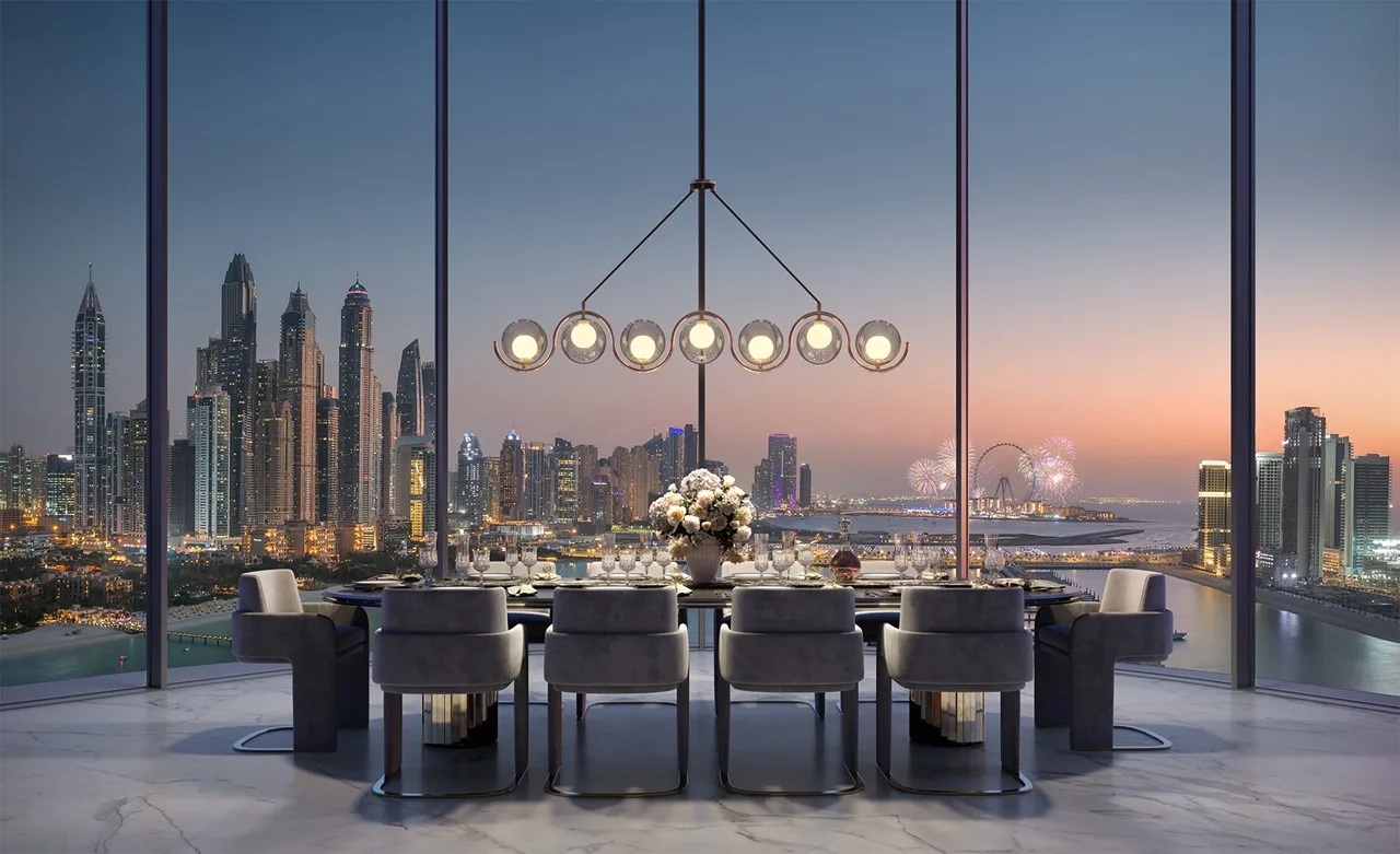 AVA at Palm Jumeirah, Dorchester Collection by OMNIYAT luxury dining room with panoramic Dubai Marina skyline views in Dubai Presented by Tohid Fetrat
