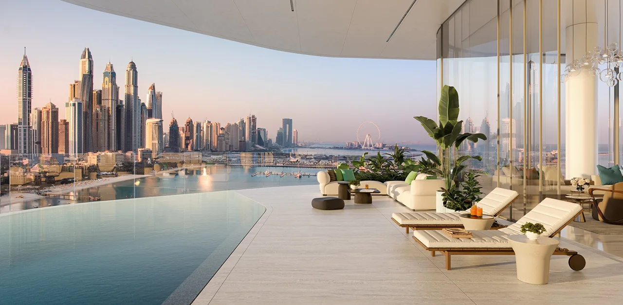 AVA at Palm Jumeirah, Dorchester Collection by OMNIYAT infinity pool terrace with panoramic Dubai Marina skyline views in Dubai Presented by Tohid Fetrat