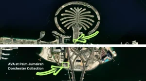 AVA at Palm Jumeirah, Dorchester Collection by OMNIYAT location within Palm Jumeirah showing its position on the trunk near waterfront destinations in Dubai Presented by Tohid Fetrat