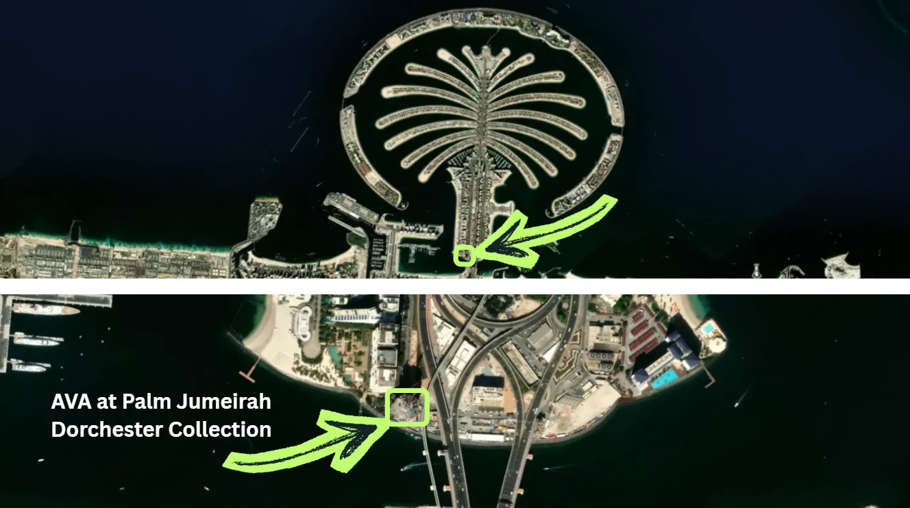 AVA at Palm Jumeirah, Dorchester Collection by OMNIYAT location within Palm Jumeirah showing its position on the trunk near waterfront destinations in Dubai Presented by Tohid Fetrat
