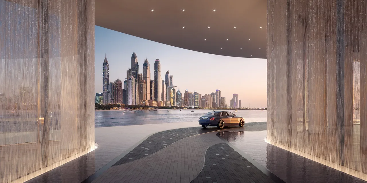 AVA at Palm Jumeirah, Dorchester Collection by OMNIYAT waterfront arrival experience with panoramic Dubai Marina skyline views in Dubai Presented by Tohid Fetrat