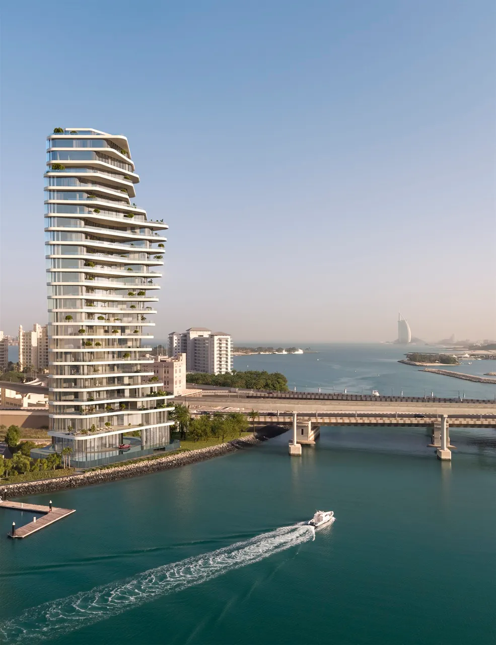 AVA at Palm Jumeirah, Dorchester Collection by OMNIYAT waterfront tower exterior with marina views and contemporary architecture in Dubai Presented by Tohid Fetrat