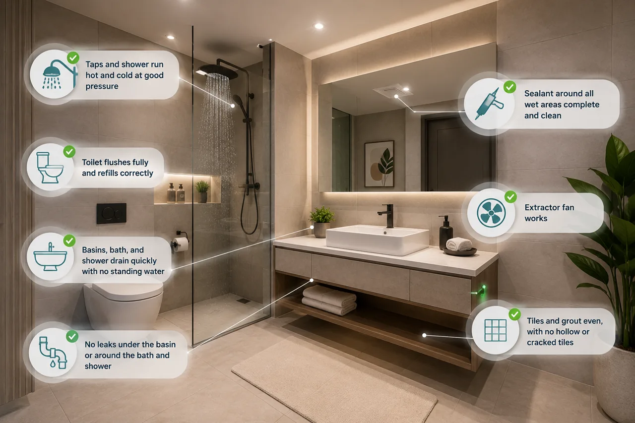 Bathrooms inspection during a snagging survey showing checks for taps showers drainage toilets sealant extractor fans and tile quality in a Dubai property Presented by Tohid Fetrat