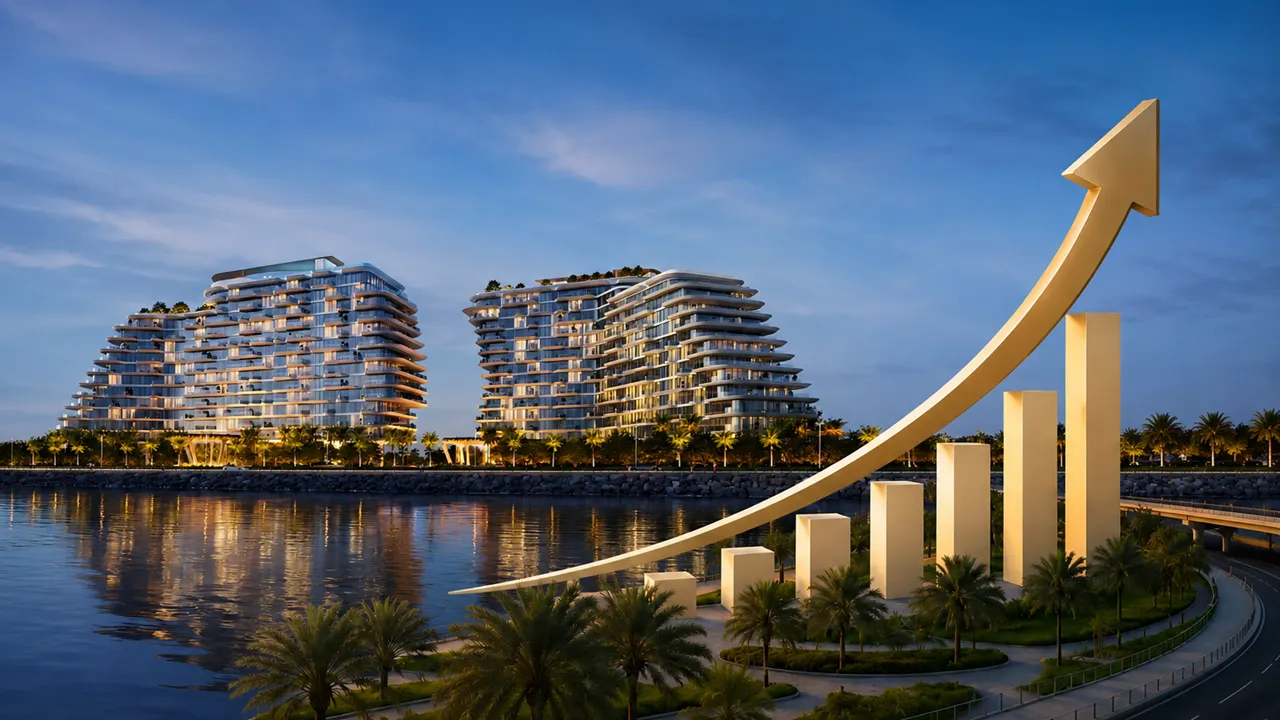 Beyond Waterfront Community Expansion featuring modern waterfront residences and a growth chart symbolizing ongoing community development Presented by Tohid Fetrat