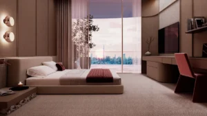 Binghatti Skyblade by Binghatti luxury bedroom with floor to ceiling windows contemporary furnishings and Dubai skyline views in Dubai - Presented by Tohid Fetrat