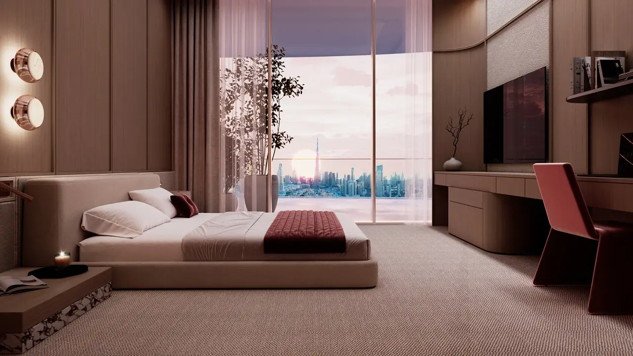 Binghatti Skyblade by Binghatti luxury bedroom with floor to ceiling windows contemporary furnishings and Dubai skyline views in Dubai - Presented by Tohid Fetrat
